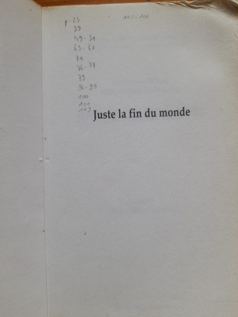 page de garde de la pièce de théâtre "Juste la fin du monde" de Jean-Luc Lagarce